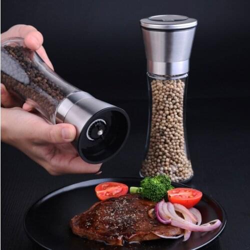 2Pcs/Set Salt and Pepper Grinder Set - Stainless Steel Pepper Mill and with Glass Body and with Adjustable Ceramic Grinder