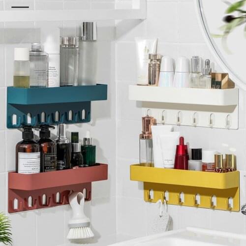 Multifunction Wall Hook Shelf Punch-free Removable Plastic Key Space Saving Hanging Rack Bathroom Basket Seasoning Organizer