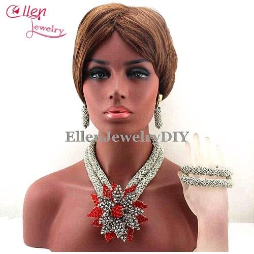 New African beads Jewelry Sets Red Flower Pendent Beads Nigerian Wedding bridal beads Jewelry Set Statement Jewelry Set E1013