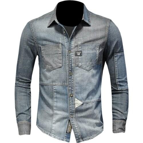 Lapel patch long sleeve mens stitching denim T-shirt casual retro blue bomber slim long sleeve jacket fashion
