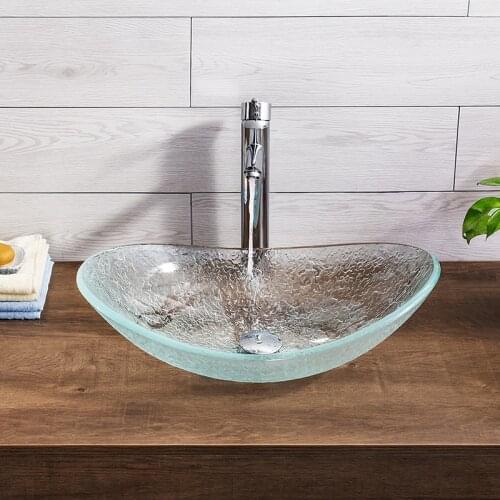 Above Counter Basin Simple Sculpture Pattern Art Home Tempered Glass Bathroom Vessel Sink Washbasin Faucet