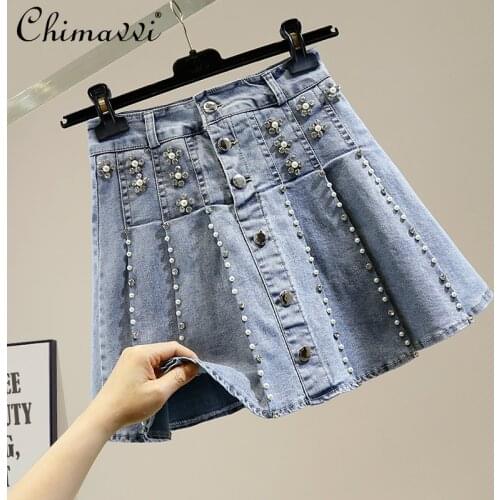 Heavy Beads Diamond Single-Breasted A- Line Skirt Fashion Stretch Denim Pleated Skirt 2021 KoreanHigh Waist Short Skirt Women