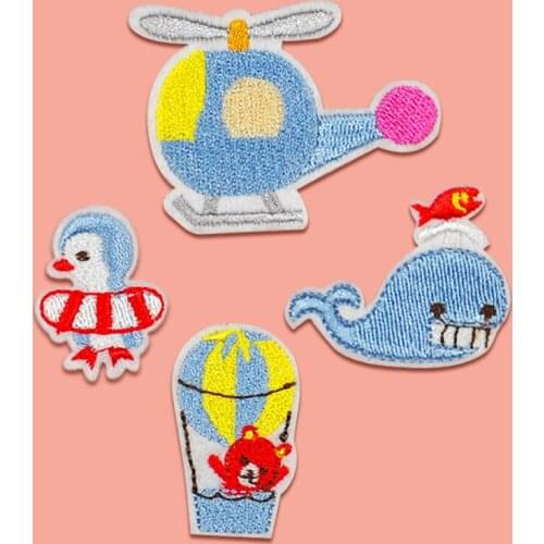 Helicopter Whale Patch Cartoon Stickers Iron on Applique Jacket Embroidery Decoration Appliques Clothes Stickers Penguin Patches