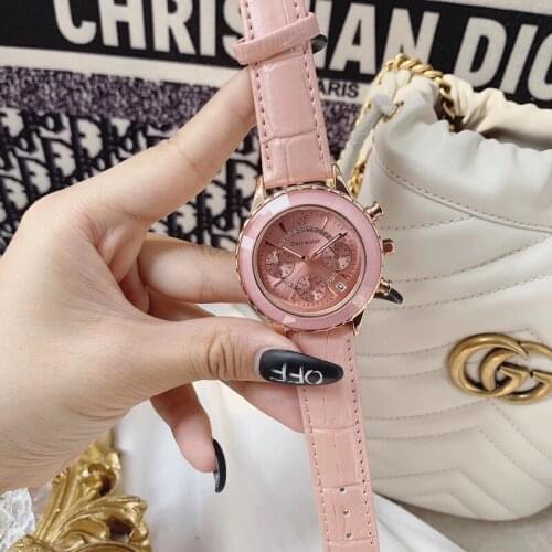 Workable 6 Hands Multi Functional 3 Eyes Full Pink Leather Women Watches Waterproof Calendar Watch Quartz Vogue Girls Big Clocks
