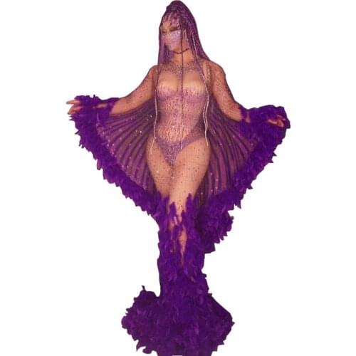 Sexy Purple Rhinestone Feather Perspective Party Prom Dress Women Wing Sleeve Evening Mermaid Long Dress Singer Stage Outfit Set