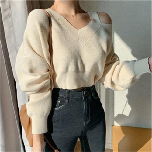 Sexy V-neck Off-shoulder Short Knit Sweaers Women Fashion Design Sweet Korean Casual Slim-fit Cropped Pullovers Female Solid Top