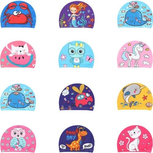 Elastic Fabric Cute Cartoon Printed Swimming Caps For Long Hair Lovely Kids Cartoon Protect Ears Swim Pool Hat For Boys Girls