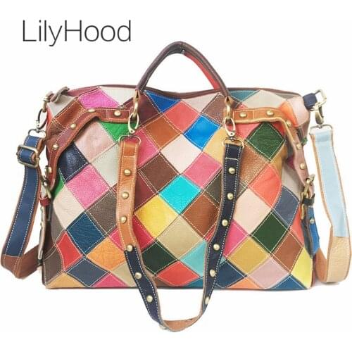 Over Large Cow Leather Multi-color Patchwork Handbag Big Size Weekend Over Night Diaper Genuine Leather Messenger Bag for Women