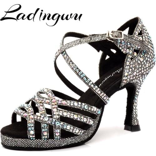 Ladingwu Latin Dance Shoes Platform Tango Shoes Dance Ballroom Shoes Girls Rhinestone High Heels Glitter Salsa Jazz Dance Shoes