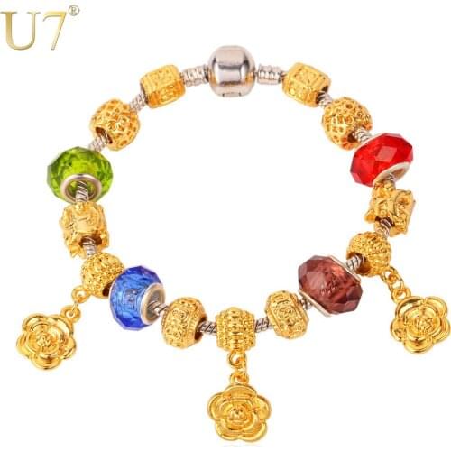 Flower Charms Bracelet Gold Color European Brand Bead Fashion Jewelry Wholesale Gift Bracelet For Women H624