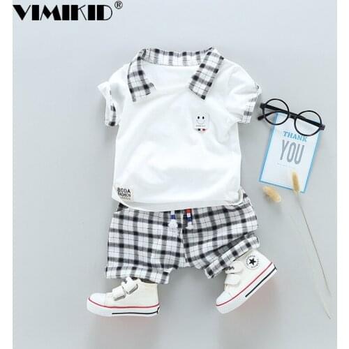 VIMIKID 2018 summer new childrens clothing boy fashion plaid collar short-sleeved shorts two-piece childrens suit