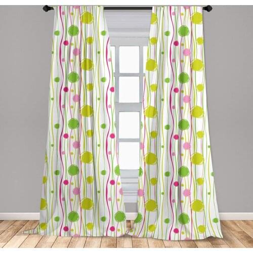 Green and Pink Curtain for Kids Rooms Doodle Style Random Wavy Stripes with Big Small Spots Art Window Drapes for Living Room