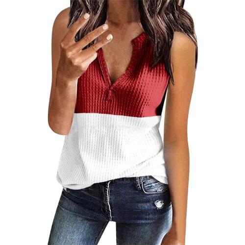 Womens Fashion V Neck Shirts Sleeveless Fashion Stitching Knit Tshirt Loose Fitting Tee Tops Camiseta Mujer Verano#PY