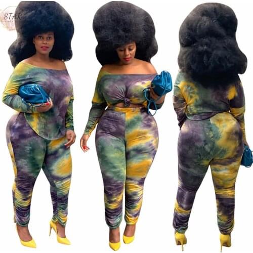 Tie Dye Plus Size Two Piece Set for Women 2021 Sweatsuits Off Shoulder Top Stacked Leggings Matching Sets Wholesale Dropshipping