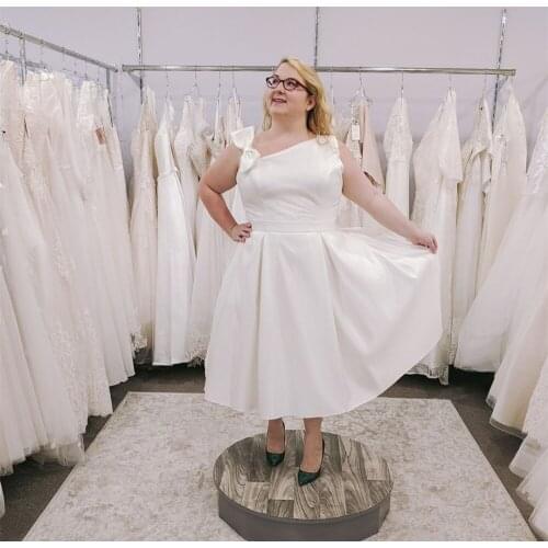 Plus Size Short Wedding Dresses Ankle Length Bow Straps Satin Simple Vintage Bridal Gowns Lace Robe Party Dress Vestido De Novia