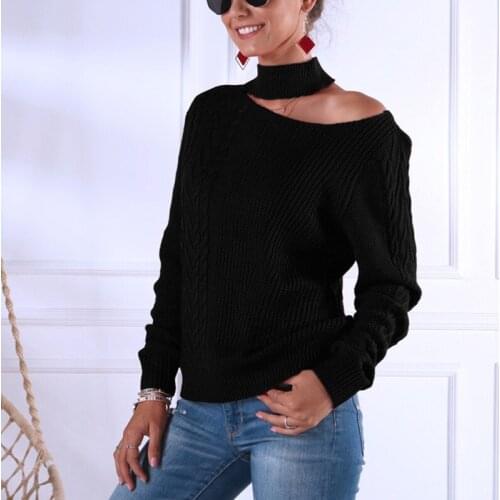 Women Long Sleeve Turtleneck Sweater Sexy Irregular Cutout Off Shoulder Pullover Top Cable Knit Solid Color Loose Jumper