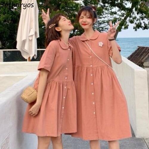 Dress Women Short Sleeve Solid Peter Pan Collar Trendy Leisure Korean Style Loose Sweet Students Female Clothing Ulzzang Sweet