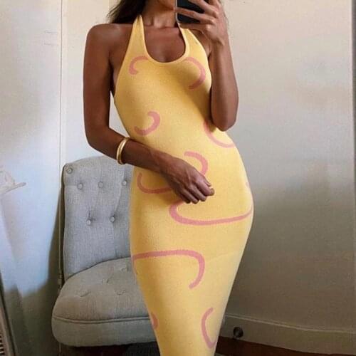 2021 Knitted Bodycon Long Dress Women Y2K Halter Neck Summer Yellow Sleeveless Midi Dress Backless Party Sexy Beach Dresses