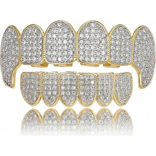 Full Cubic Zircon Fangs Teeth Grillz Top Bottom Grills D Mouth Punk Teeth Caps Cosplay Party Rapper Hip Hop Jewelry