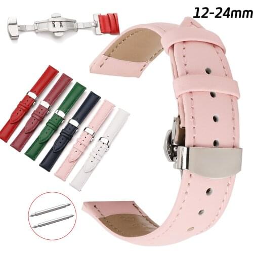 12 14 16 18 20 22 24mm Genuine Leather Watch Band Wristwatch Strap Women Men Butterfly Buckle Wristband with Pins