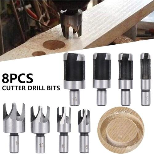 8Pcs Carbon Steel Wood Plug Hole Cutter Drill Bit Set Woodworking DIY Straight and Tapered Taper Cork Hole Saw Drill Bits Tools