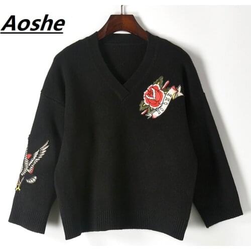 Aoshe Pull Femme 2018 Designer Winter Super Thick Knit Sweater Women Pullover Novelty Eagle Rose V-neck Oversized Poncho Jumper