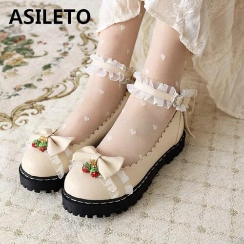 ASILETO New 2021 Ladies Flat Shoes Lolita Cute Cosplay Round Toe Thick Bottom Lace Bowtie Strawberry Buckle Party F1123