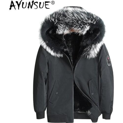 AYUNSUE 2020 Parka Real Fur Coat Men Hooded Winter Jacket Mink Fur Liner Raccoon Fur Collar Short Warm Mens Mink Jackets Parkas
