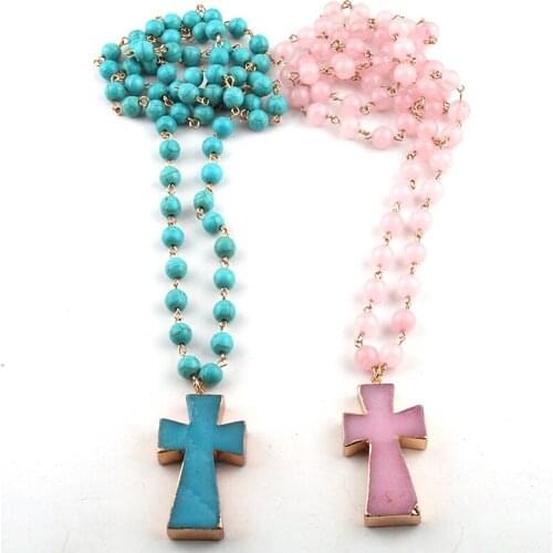 Free Shipping Fashion Bohemian Tribal Jewelry Semi Precious Stones Rosary Chain With Natural Cross Pendant Necklace