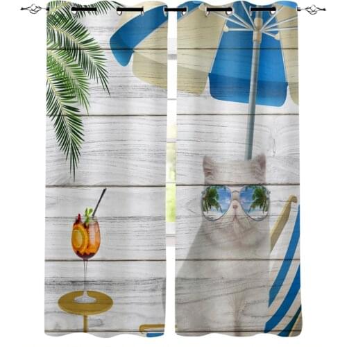 Wood Beach Cat Palm Tree With Sunglasses Window Curtains for Living Room Bedroom Modern Curtains Home Decoration Kid Room Drapes