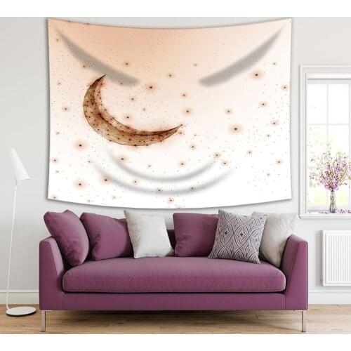 Tapestry Crescent Moon Shining Stars Night Sky Universe Space Abstract Polygonal Wireframe Art Brown Beige
