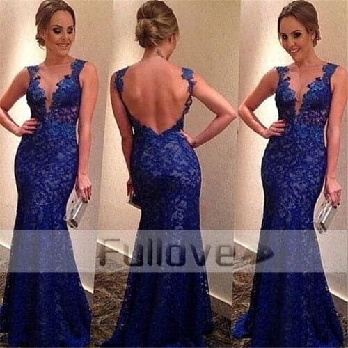 Royal Blue Lace Evening Dress Long 2019 Deep V-Neck Formal Party Dresses Sheer Backless Prom Gowns Vestidos De Fiesta Abiye