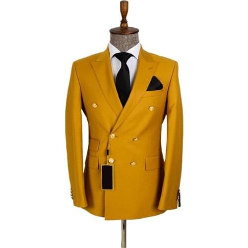 Golden 2 Pieces Men Suits Custom Made Handsome Cotton Spring Wedding Suits Gold 2 Button Formal Coat+Pant