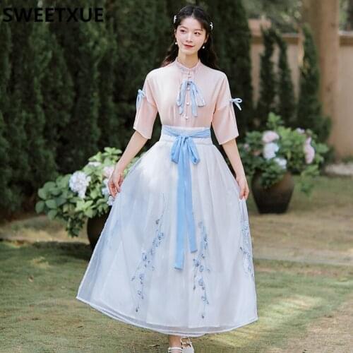 SWEETXUE Summer Hanfu Female Stand-up Collar Half Sleeves Retro Top Embroidered Long Skirt 2-Piece Set Fairy Cute Chiffon Suits