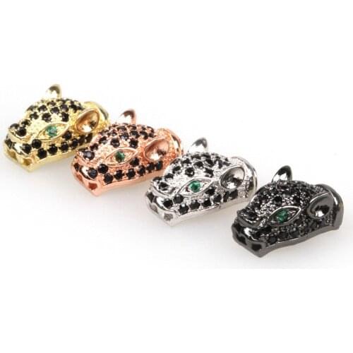 Brass Micro Pave Cz Cubic Zirconia Leopard Green Eyes Head Beads Leopard Charm Beads Accessories For Jewelry Diy Bracelet Making