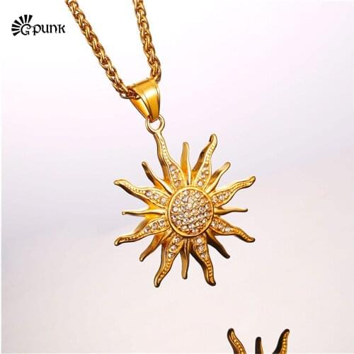 316L stainless steel women jewelry mens gold color sun flower necklace with crystal rhinestone P2447G