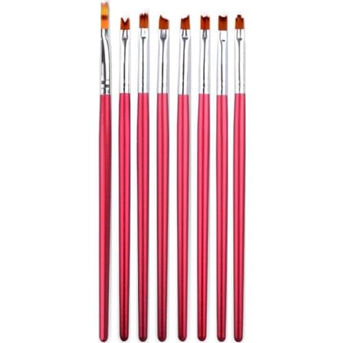 8pcs/set Nail Art Brush Kit Gradient Red Wooden Handle Carving Flowers Shape UV Gel Polish Design Nail Drawing Painting Tools