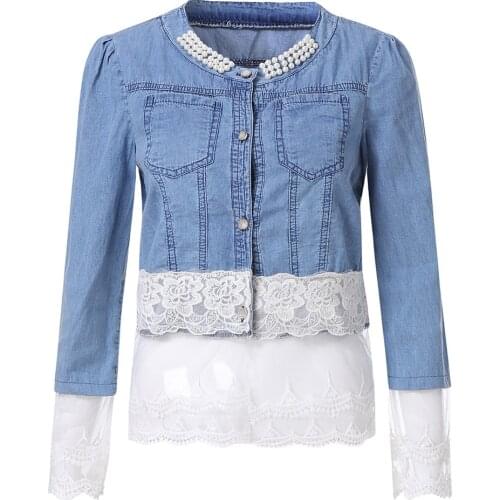 2021 New Thin Stitching Women Jacket Autumn Winter Fashion Beaded Denim Jackets Washed Jeans Coat Female Collar Outwear Jacket