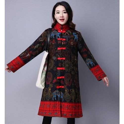 2021 Winter New National style Vintage Stand-collar Cotton Jacket Warm Thick Stitching Quilted Women Coat Plus size Long Outwear
