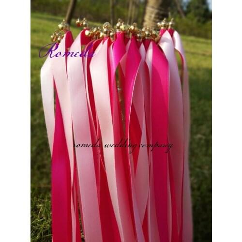 NEW ARRIVED ,FREE SHIPPING-50pcs/lot pink and fushia wedding ribbon stick with gold bell
