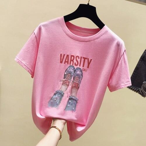 Summer new O neck Short Sleeves Shoes pattern Sequins T Shirt Top Female Tshirt Loose Women Fashion Graphic T-Shirt tops