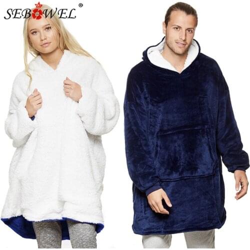 SEBOWEL Oversized Plush Hoodie Blanket with Sleeves Women Warm Winter Wear on Both Sides Couple Loose Thick Pullover Sweatshirts