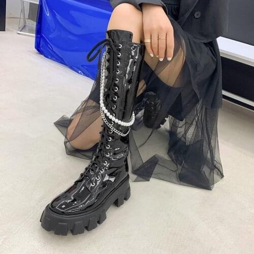 Osunlina 2021 New Fashion Knight Boots Round Toe 6cm High Square Heels Pearl Metal Chin Design Comfortable Chunky Zip Lady Shoes