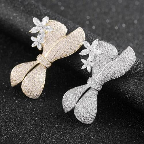 Luxury White Yellow Zircon Crystal Bowknot Flower Brooches for Women Girl Sweet Rhinestone Brooch Pin Jewelry regalos para mujer