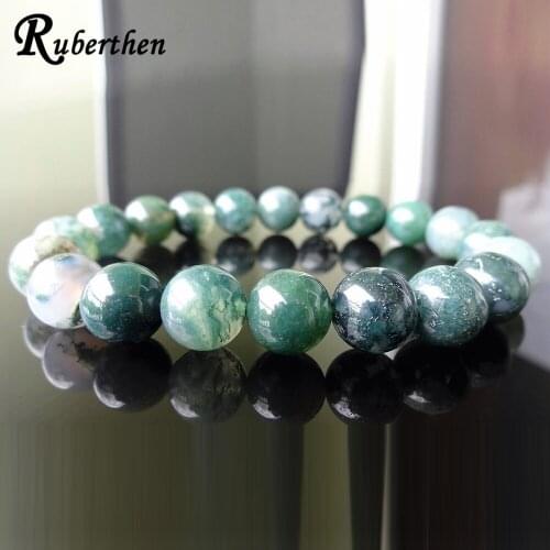 Ruberthen 10 mm Genuine Green Moss Agates Bead Bracelet for Men New Simple Design Gem Stone Bracelet for Men