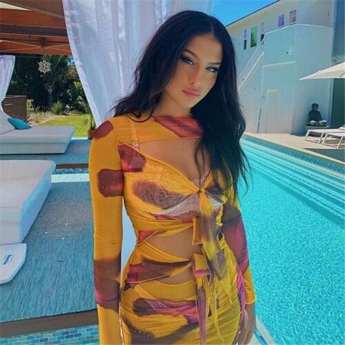 Mesh Streetwear Bodycon Club Cut Out Hole Mini Dress New Autumn Chic Casual Vintage Sexy See-Through Bandage Dress Female LR1709