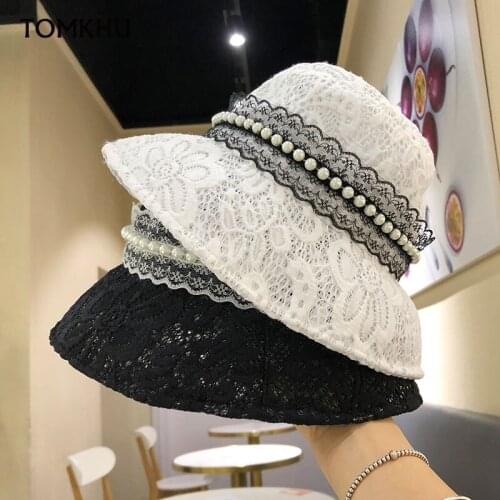 Korean Fashion Pearl Lace Bucket Fisherman Hat for Women Female Retro Breathable Summer Sunscreen Beach Sun Hats Spring Wedding