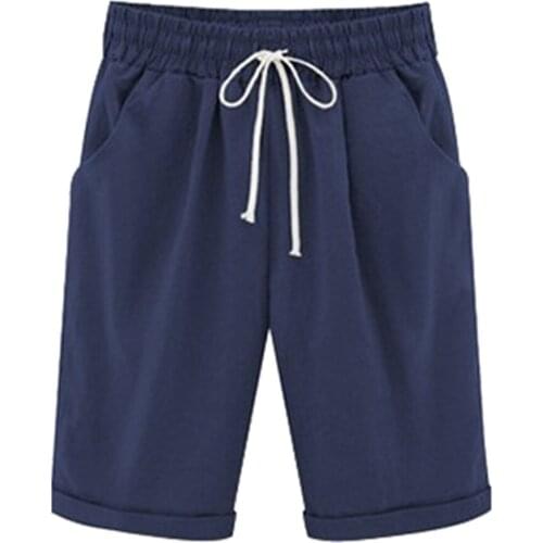 Women Drawstring Elastic Waist Shorts Casual Knee-Length Loose Scanties Thin Outside Wearing Large Size Solid Color Cotton Blue
