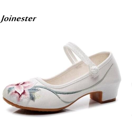 Women Elegant Mi Heel Pumps Vintage Embroider Mary Jane Dress Shoes Woman Summer Sandals Ankle Strap Ladies Slingback Party Shoe