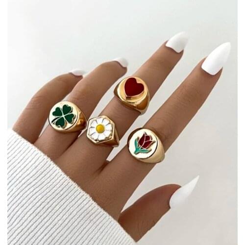 Vintage Golden Heart Yin and Yang Open Rings For Women Cute Metal Enamel Daisy Tulip Adjustable Rings Party Jewelry